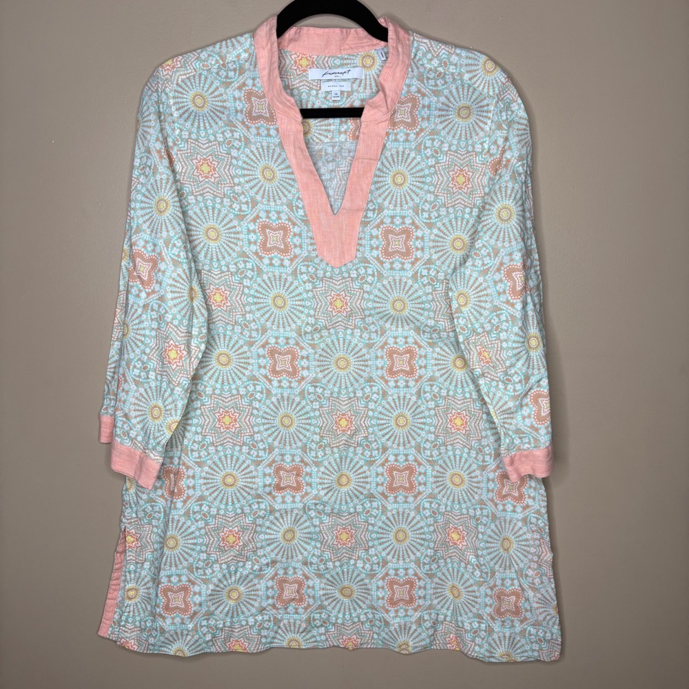 Foxcroft NYC Wrinkle Free Medallion Print Tunic Blouse Cotton Linen Trim Size 14